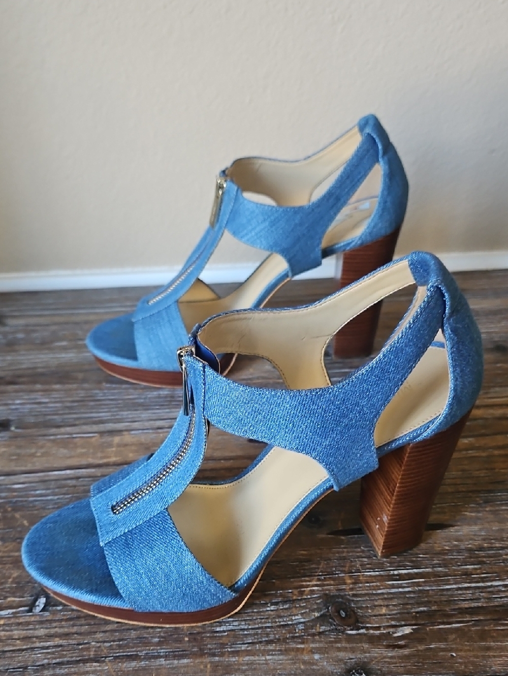 Michael Kors Berkley Blue Denim Platform T-Strap Zip High Heel Sandals